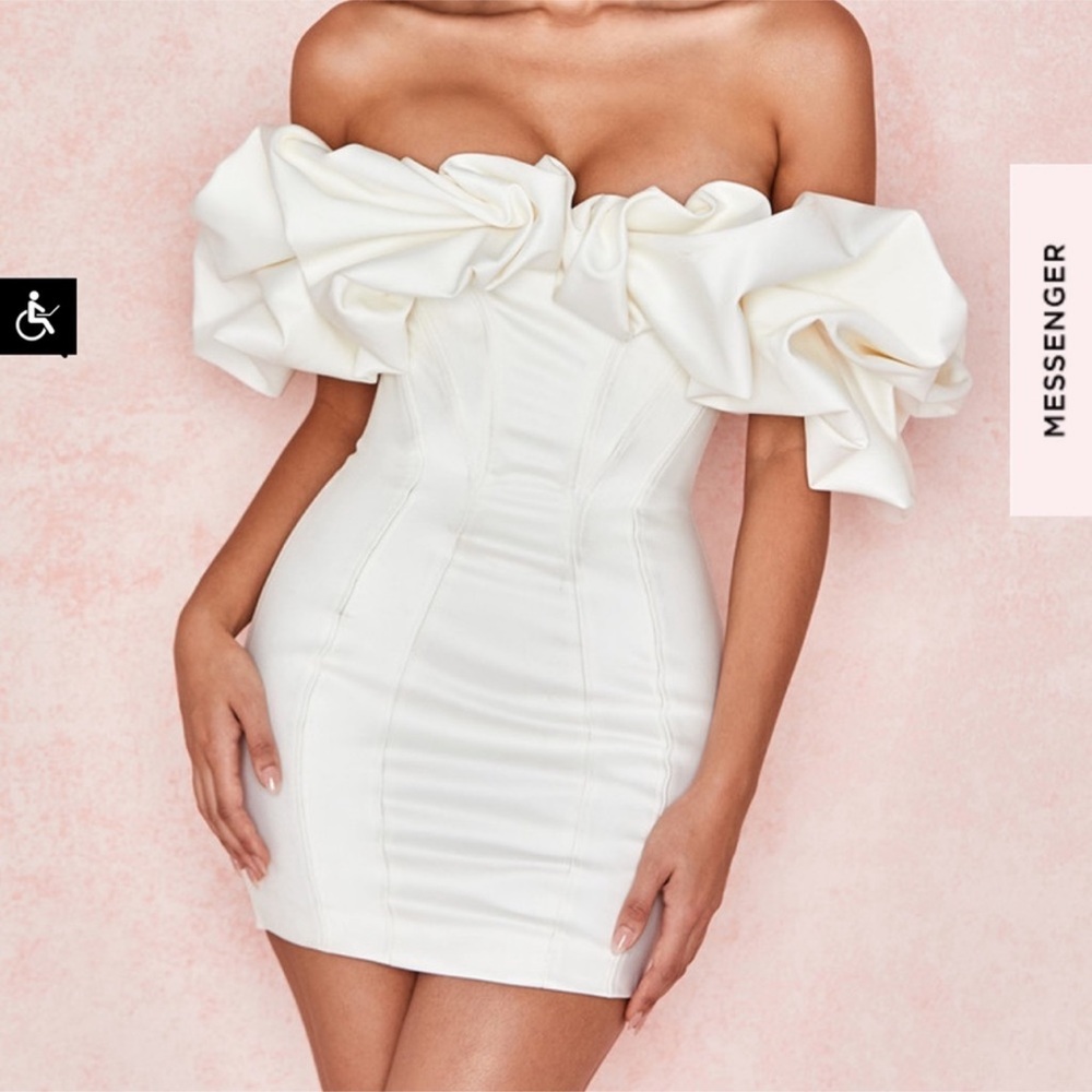 House of CB Selena IVORY SATIN RUFFLE STRAPLESS DRESS